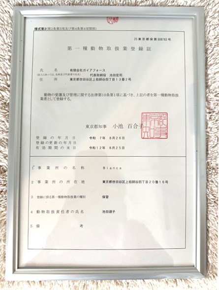 第一種動物取扱業登録証